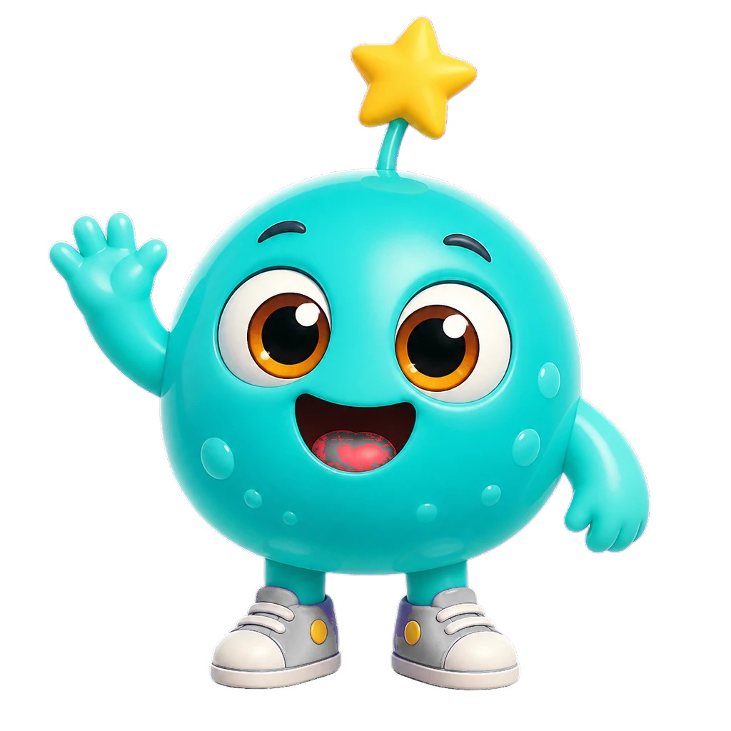 Bloop, a round turquoise arcade mascot with a star antenna