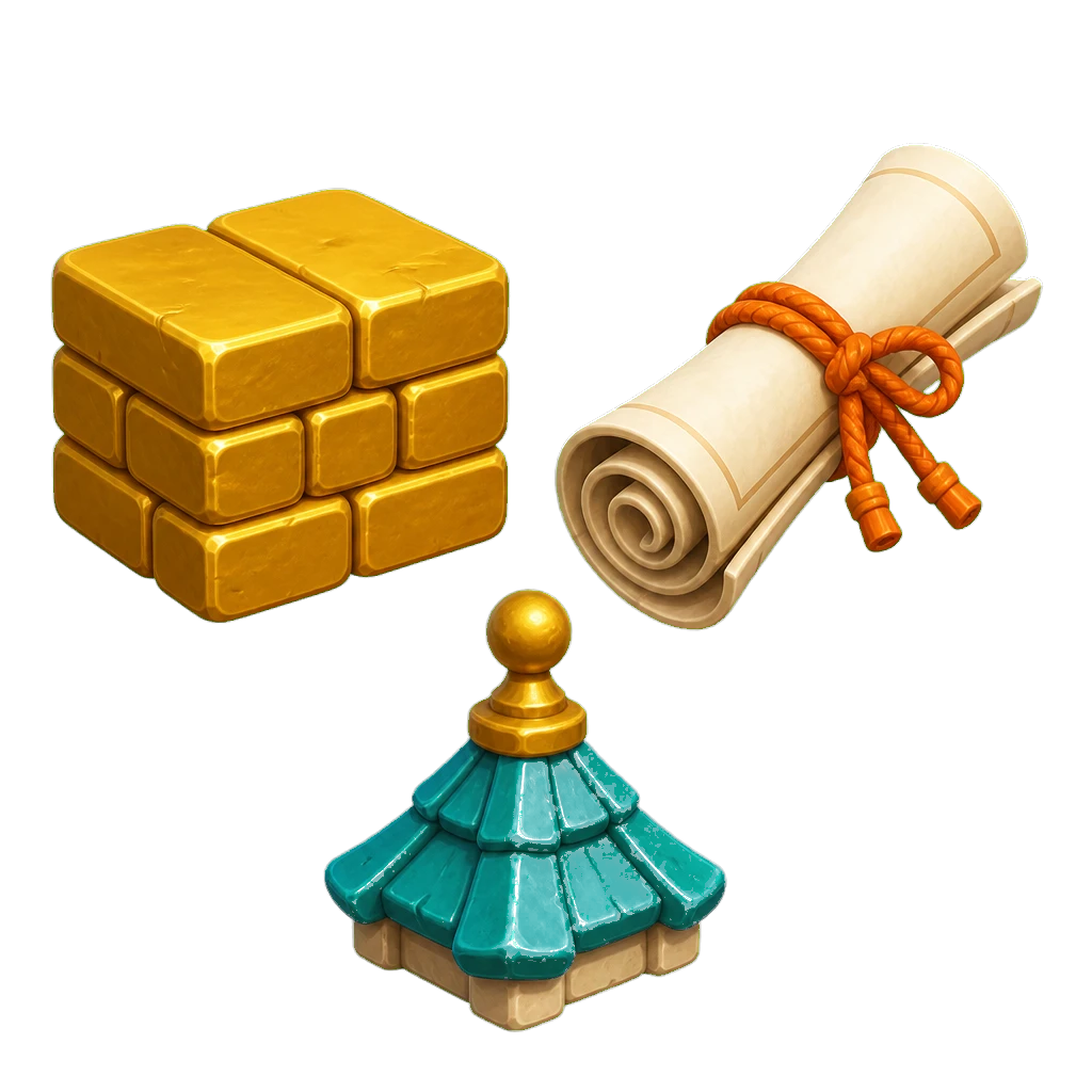 Bricks, blueprint, and roof cap waiting to be built
