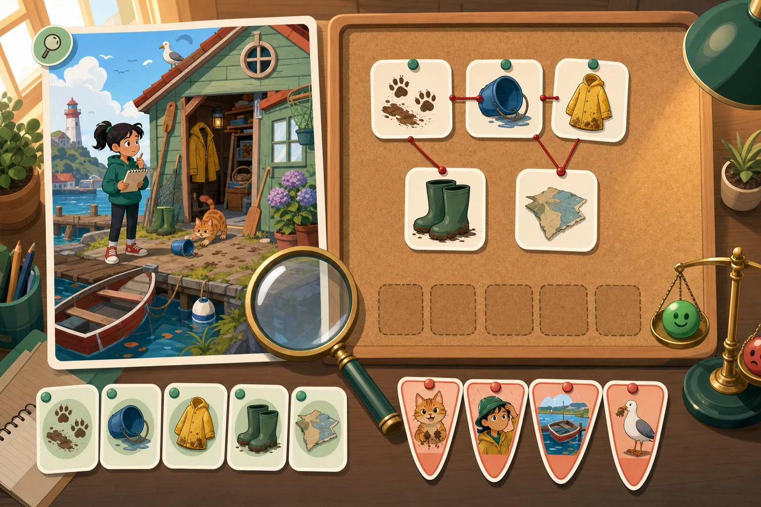 A richly illustrated coastal garden mystery with muddy tracks, a fallen bucket and a cat beside the shed