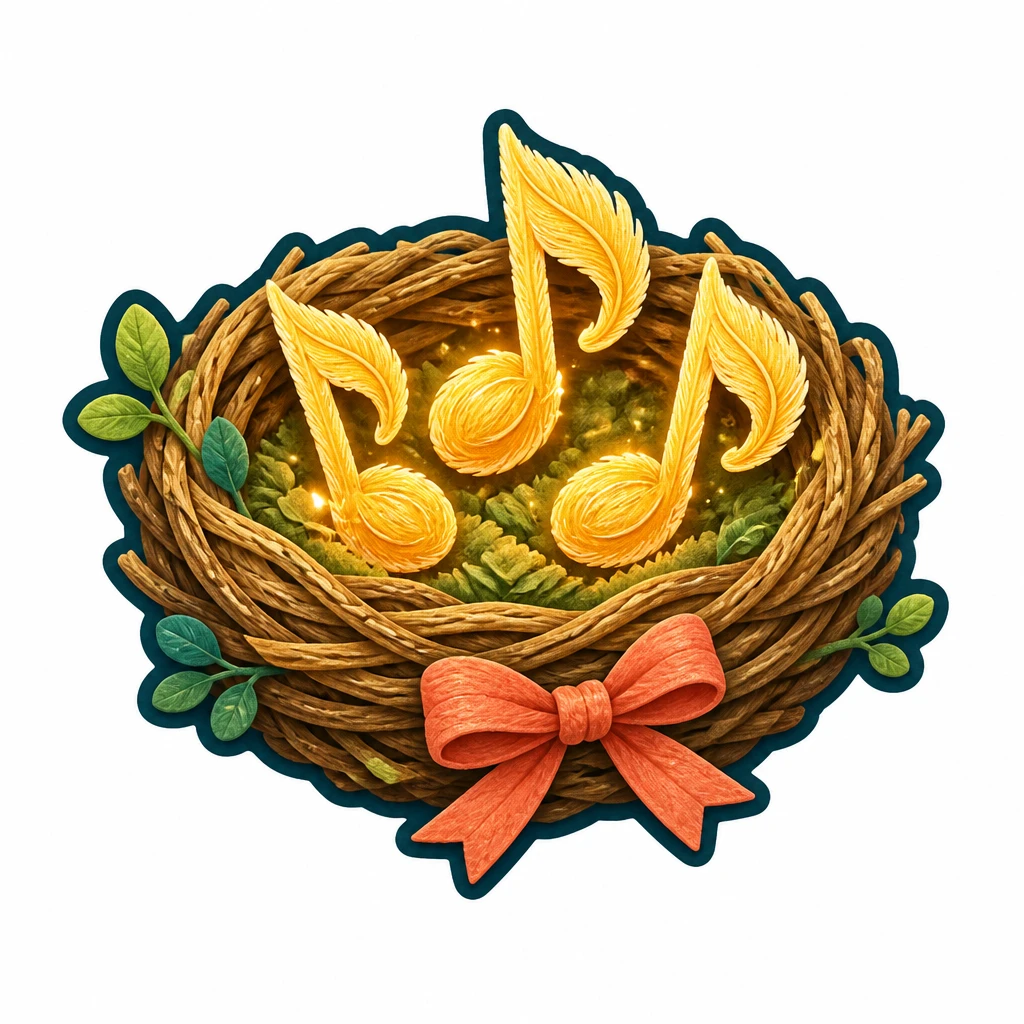A nest holding three golden musical feathers