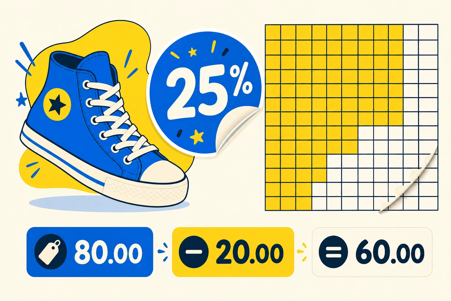 A bold illustrated sneaker sale studio with a tactile hundred-grid and price tags