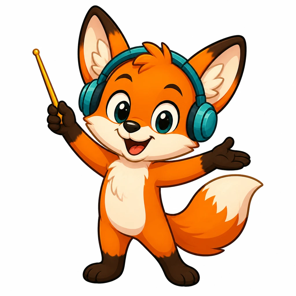 Ako, a cheerful fox wearing headphones