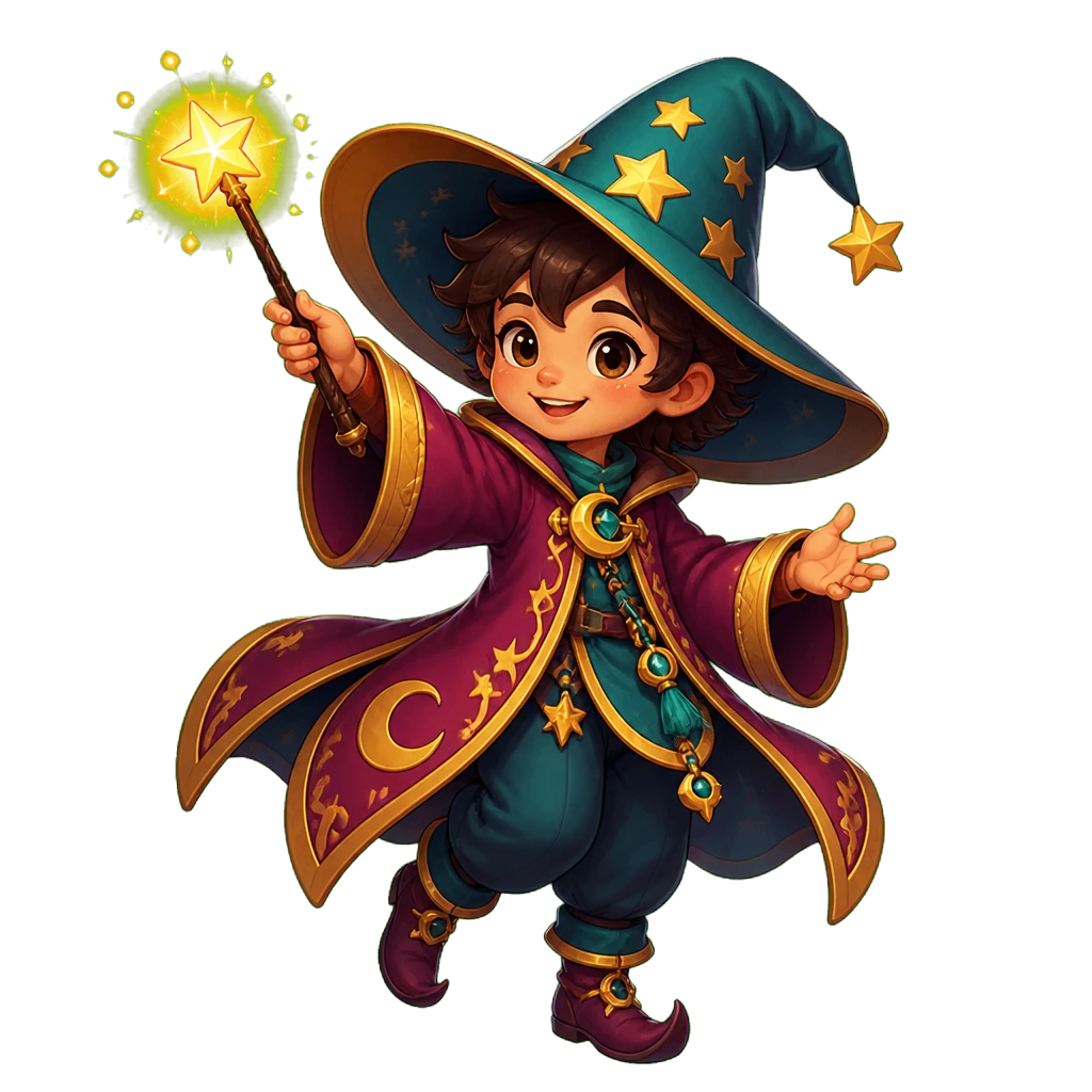 Momo, a friendly young wizard holding a star wand