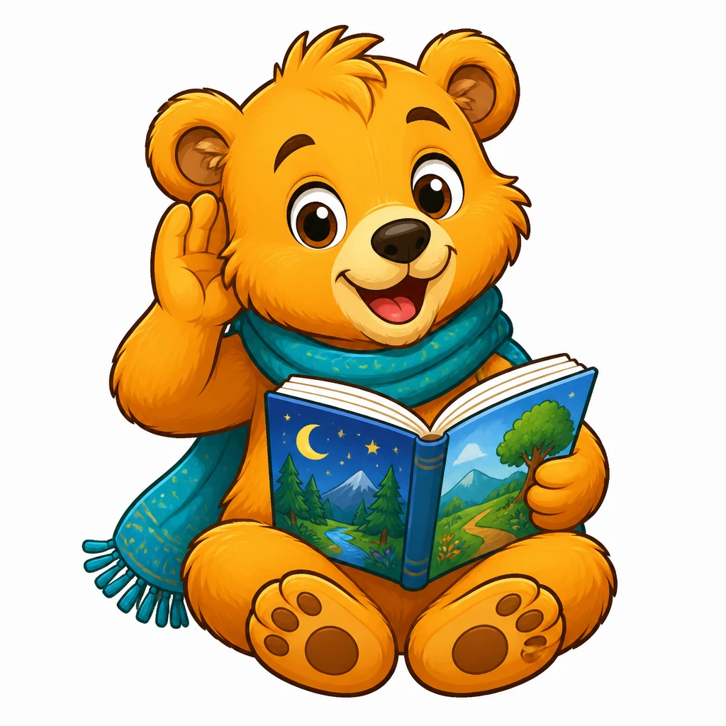 Ako holds a storybook and cups a paw to listen