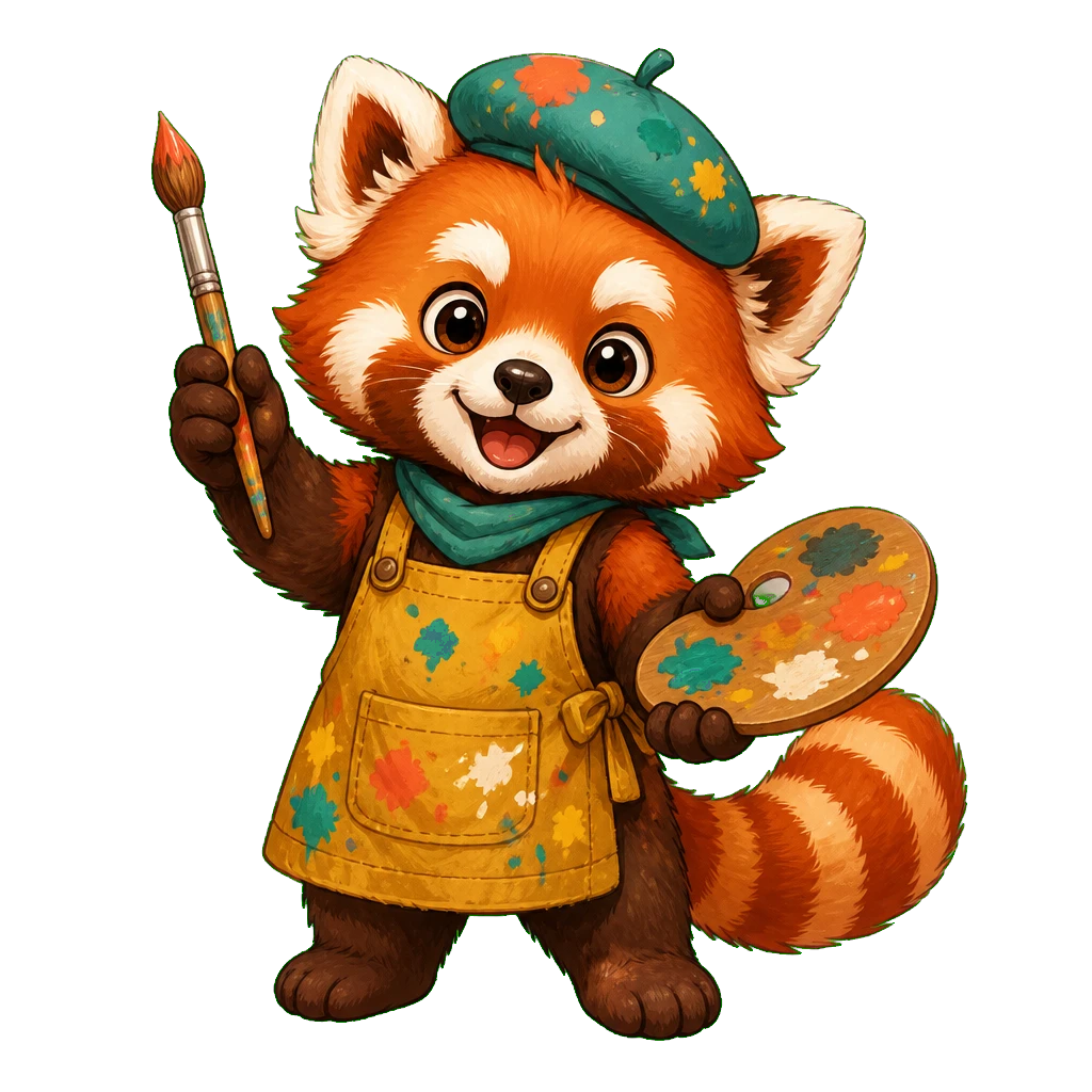 Milo, a red panda artist holding a paintbrush