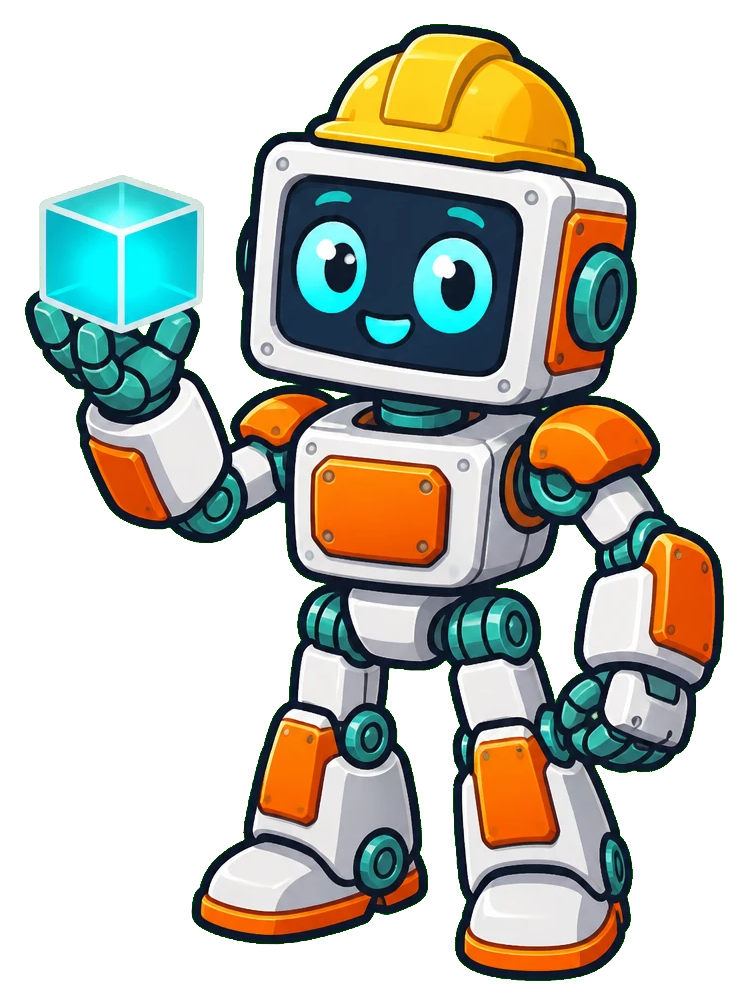 Builder Bot, a cheerful construction robot holding a glowing cube