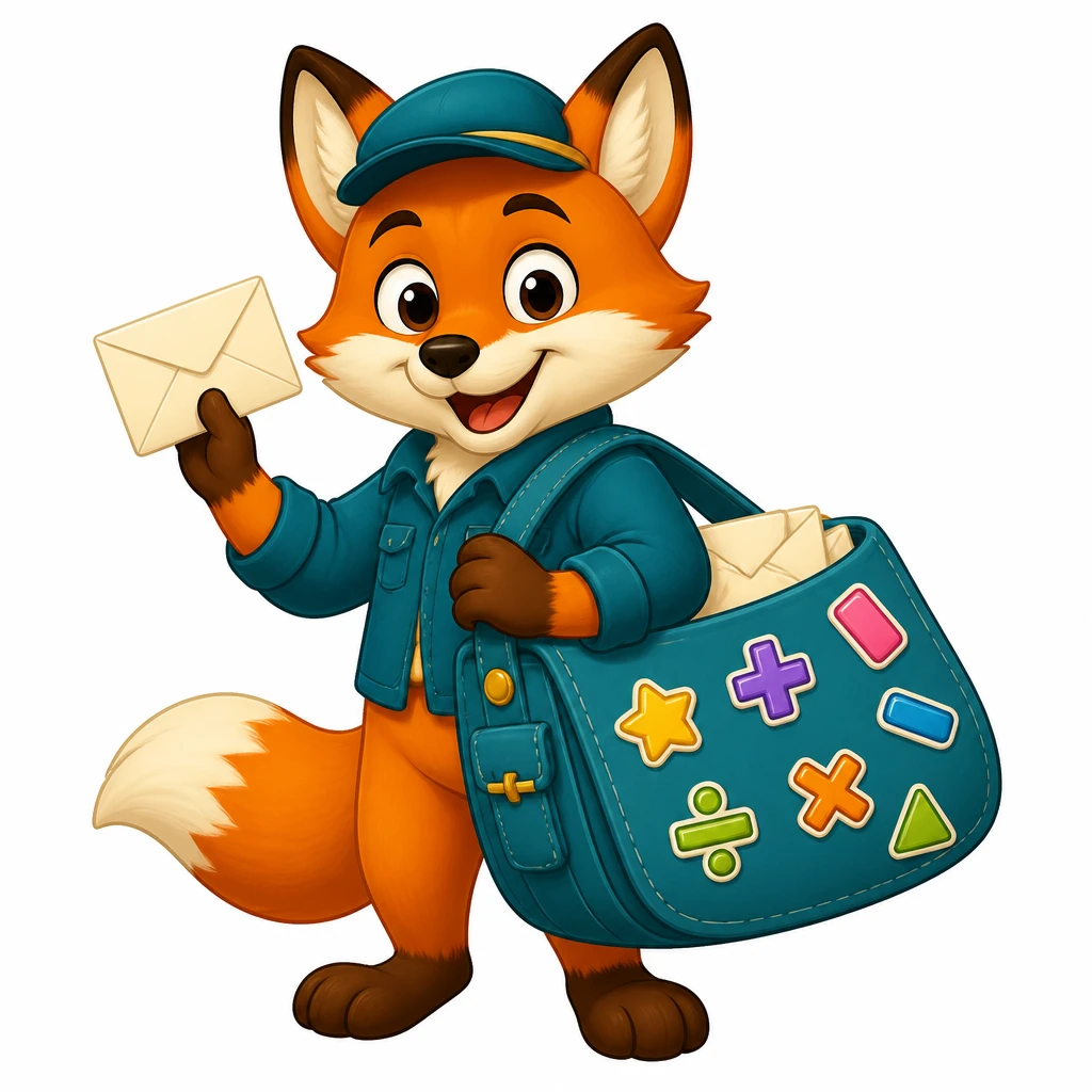 Patch, a friendly fox mail carrier with a sticker-covered satchel